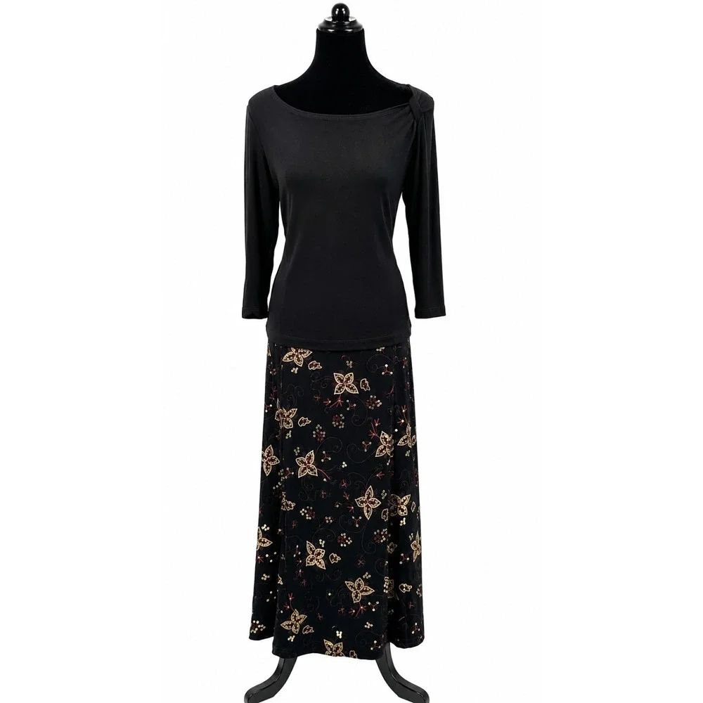 Christopher & Banks Womens Top Skirt Set Large Black Metallic Floral Travel Knit